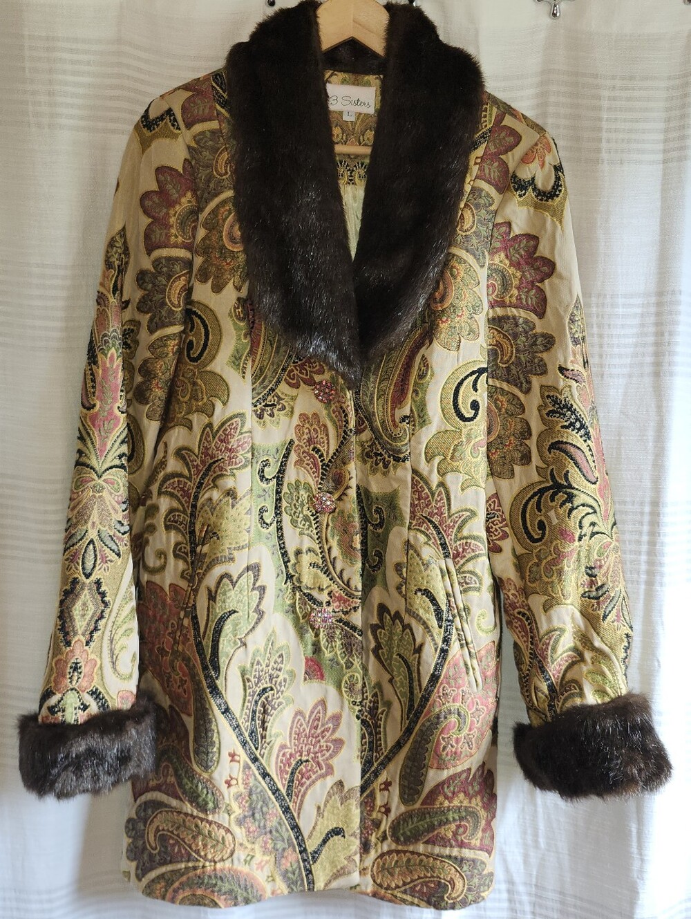 3 Sisters Cream Paisley Trench Coat with Brown Faux Fur Trim Size L